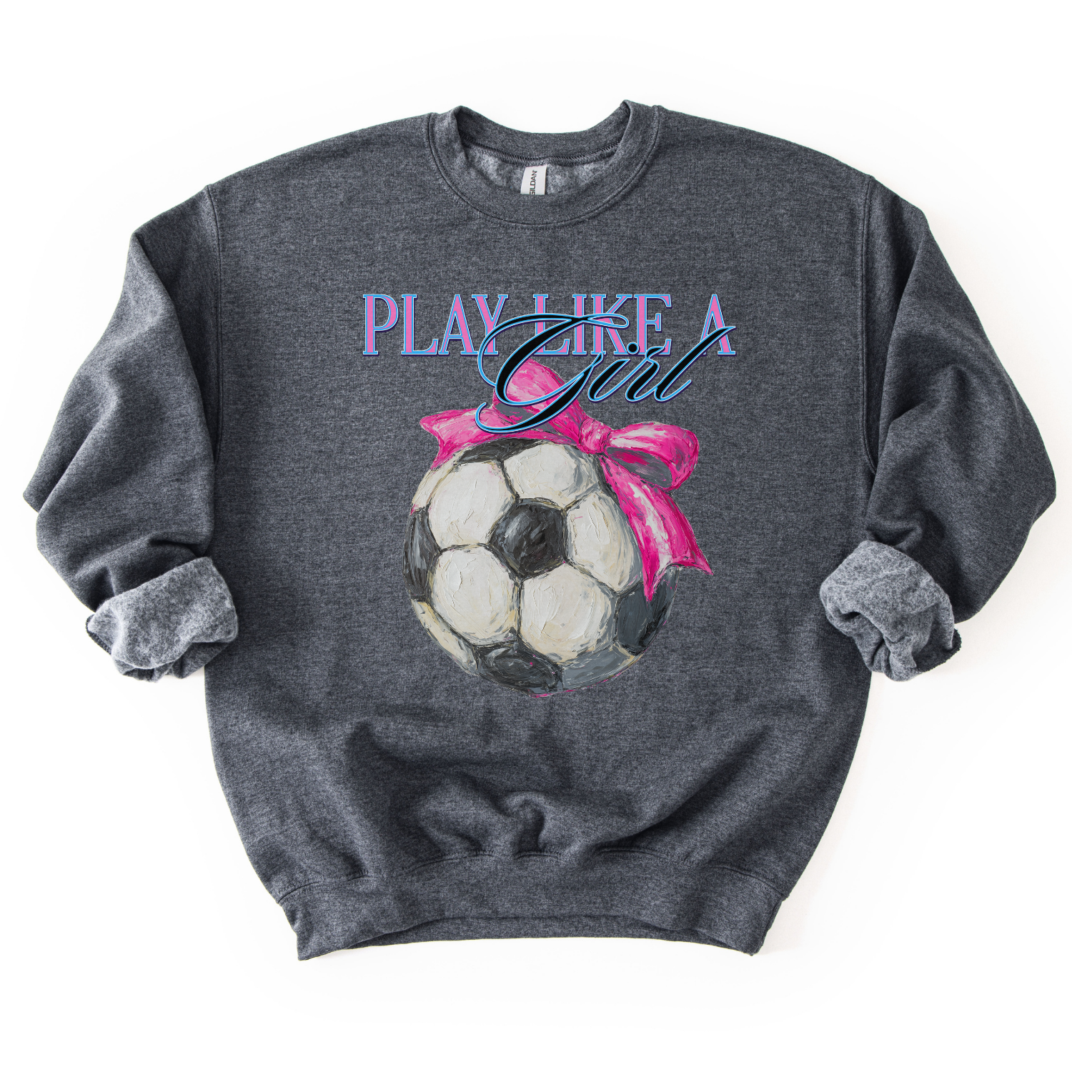 Gray sweatshirt with soccer ball and pink bow design on a white background