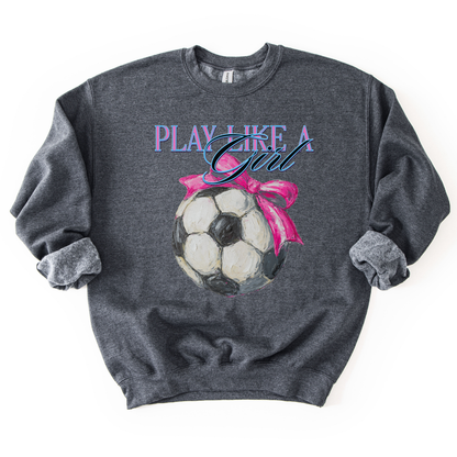 Gray sweatshirt with soccer ball and pink bow design on a white background