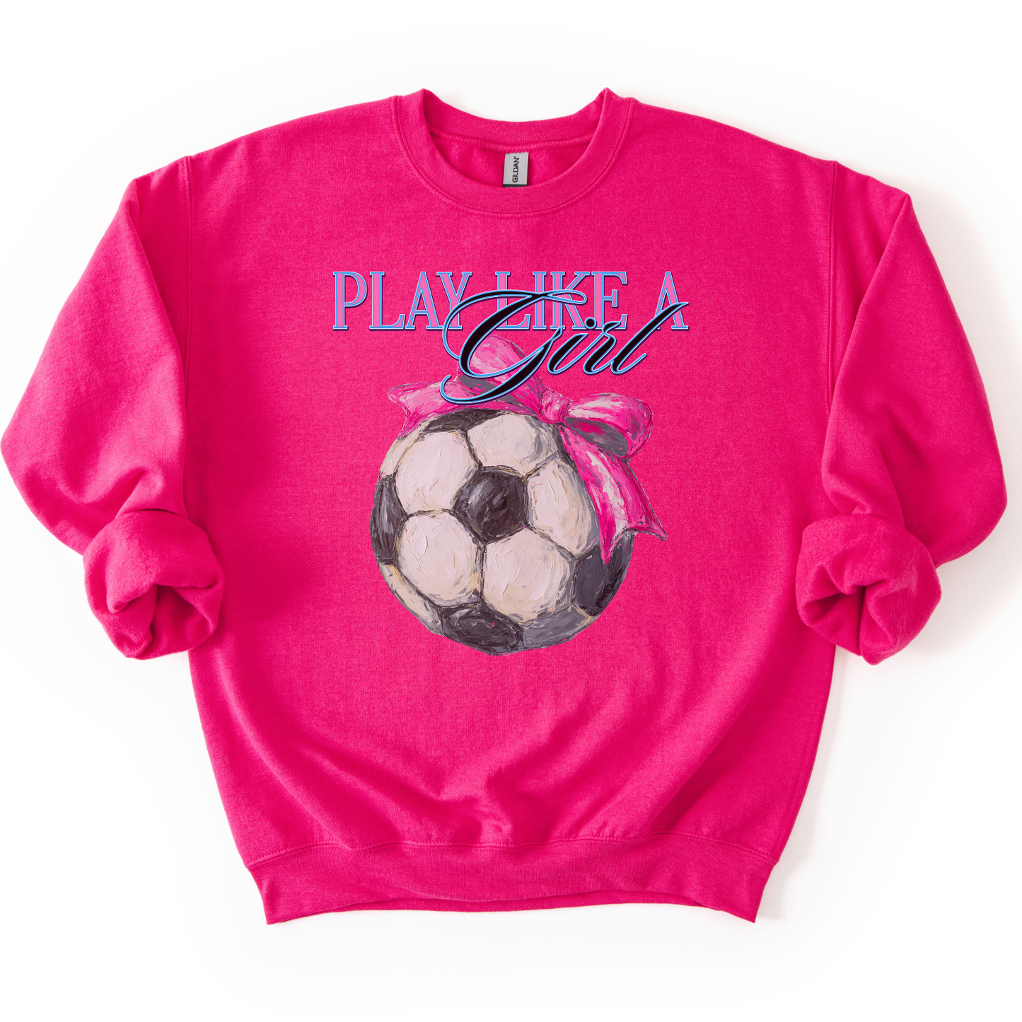 Pink sweatshirt with soccer ball and 'Play Like a Girl' text on a white background
