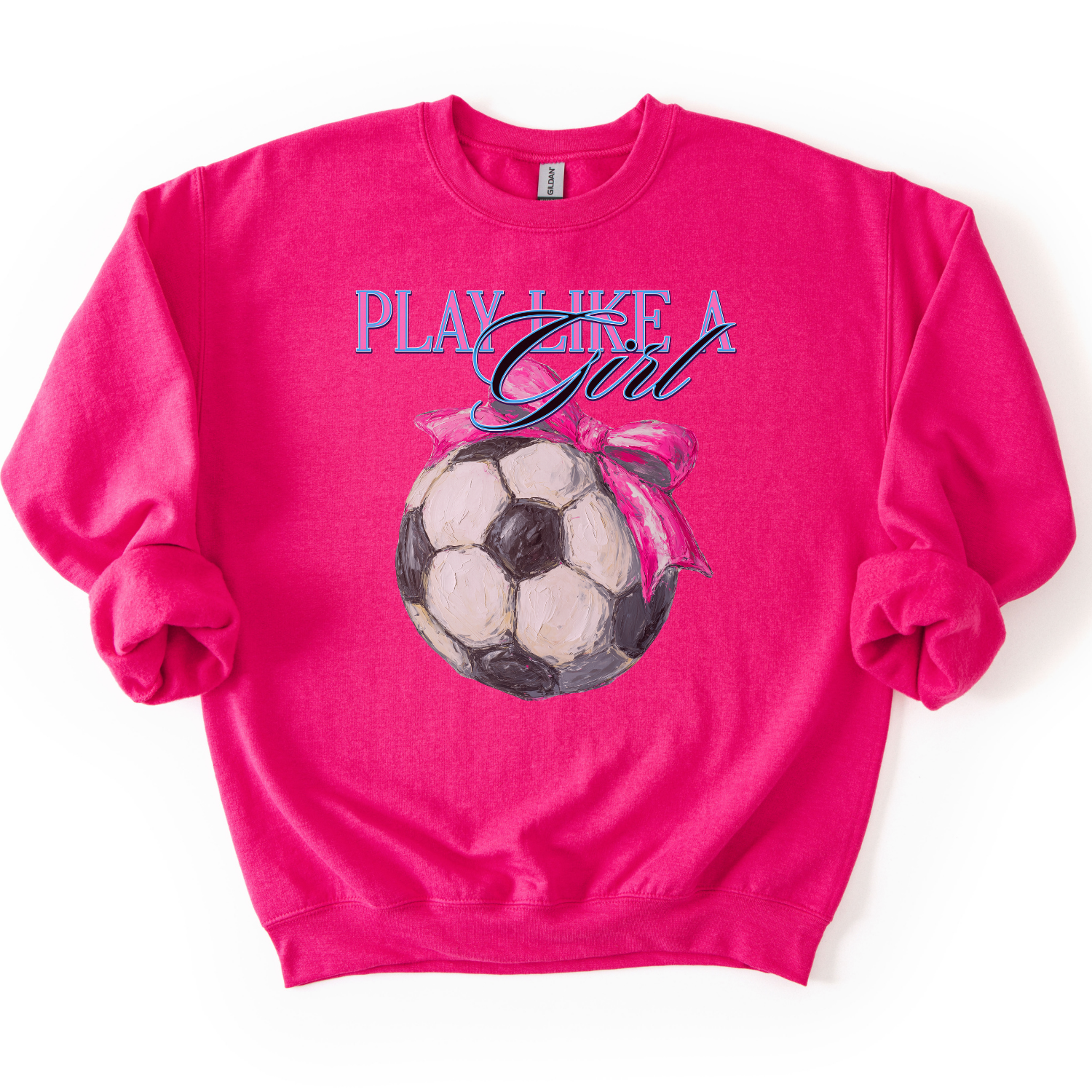 Pink sweatshirt with soccer ball and 'Play Like a Girl' text on a white background