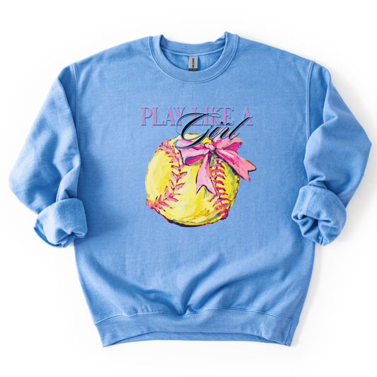 Blue sweatshirt with a softball graphic and 'Play Like a Girl' text on a white background