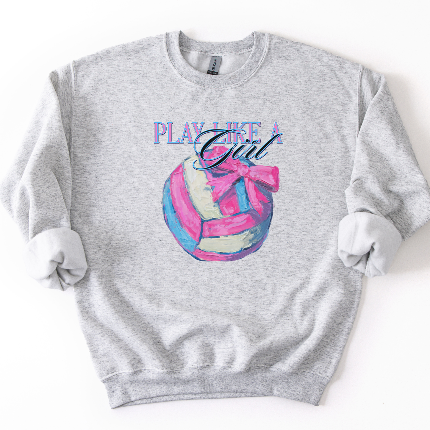 Gray sweatshirt with volleyball graphic and 'Play Like a Girl' text on a white background