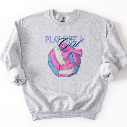 Gray sweatshirt with volleyball graphic and 'Play Like a Girl' text on a white background