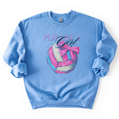 Light blue sweatshirt with a graphic of a football and 'Play Like a Girl' text on a white background