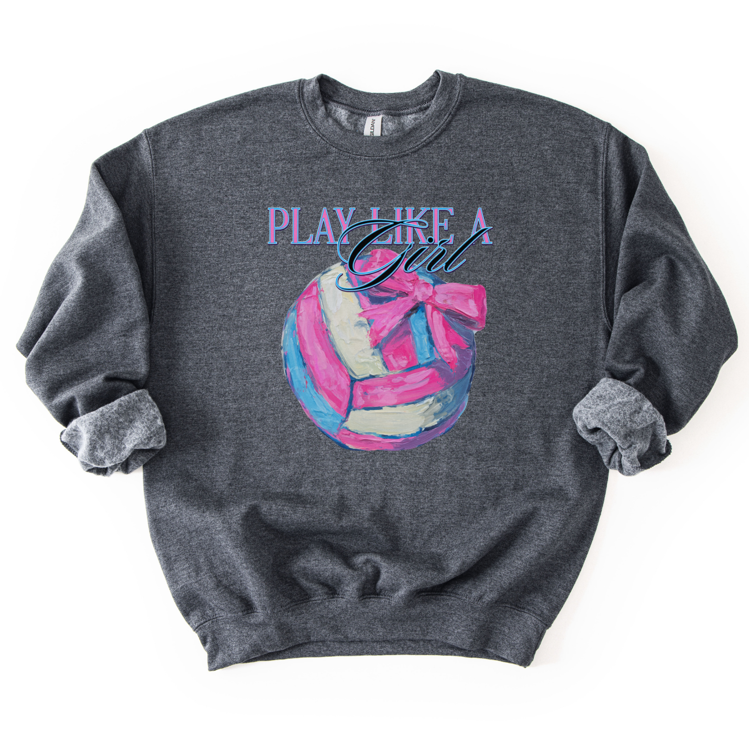 dark gray  sweatshirt with volleyball graphic and 'Play Like a Girl' text on a white background