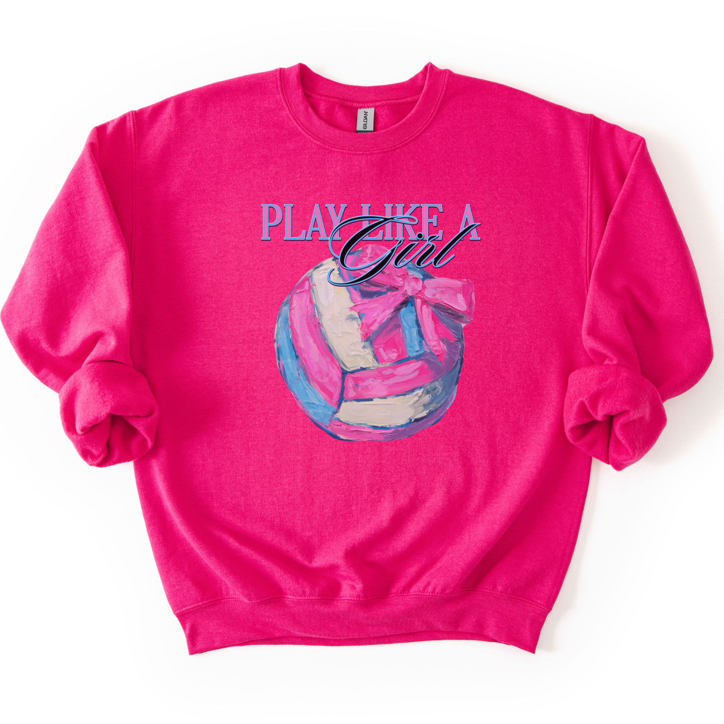 Pink sweatshirt with volleyball graphic and 'Play Like a Girl' text on a white background