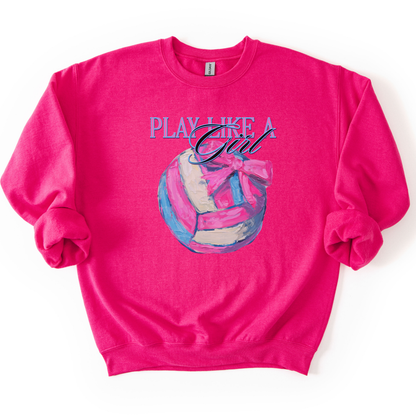 Pink sweatshirt with volleyball graphic and 'Play Like a Girl' text on a white background