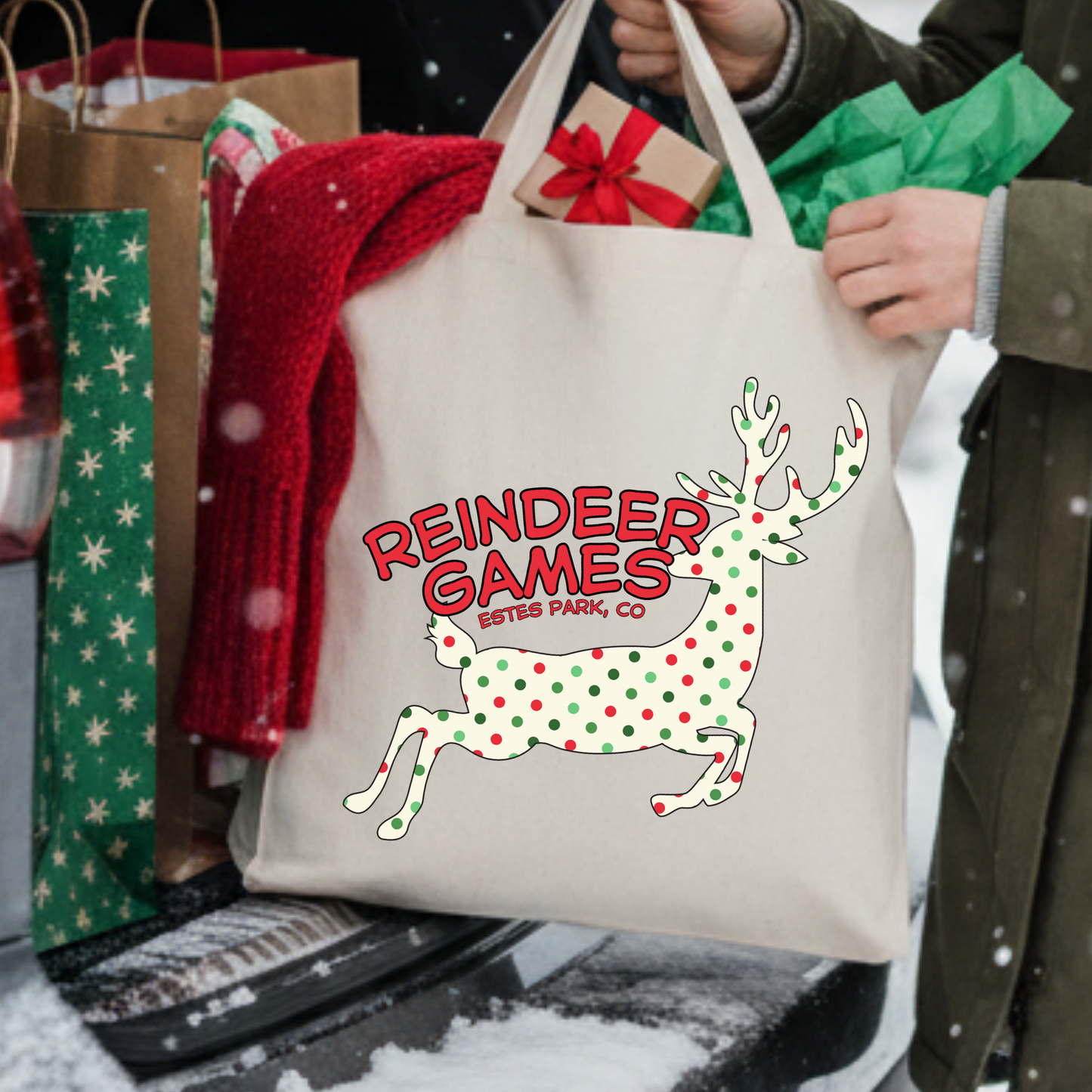 Personalized Polka dot reindeer Christmas tote | Book bag