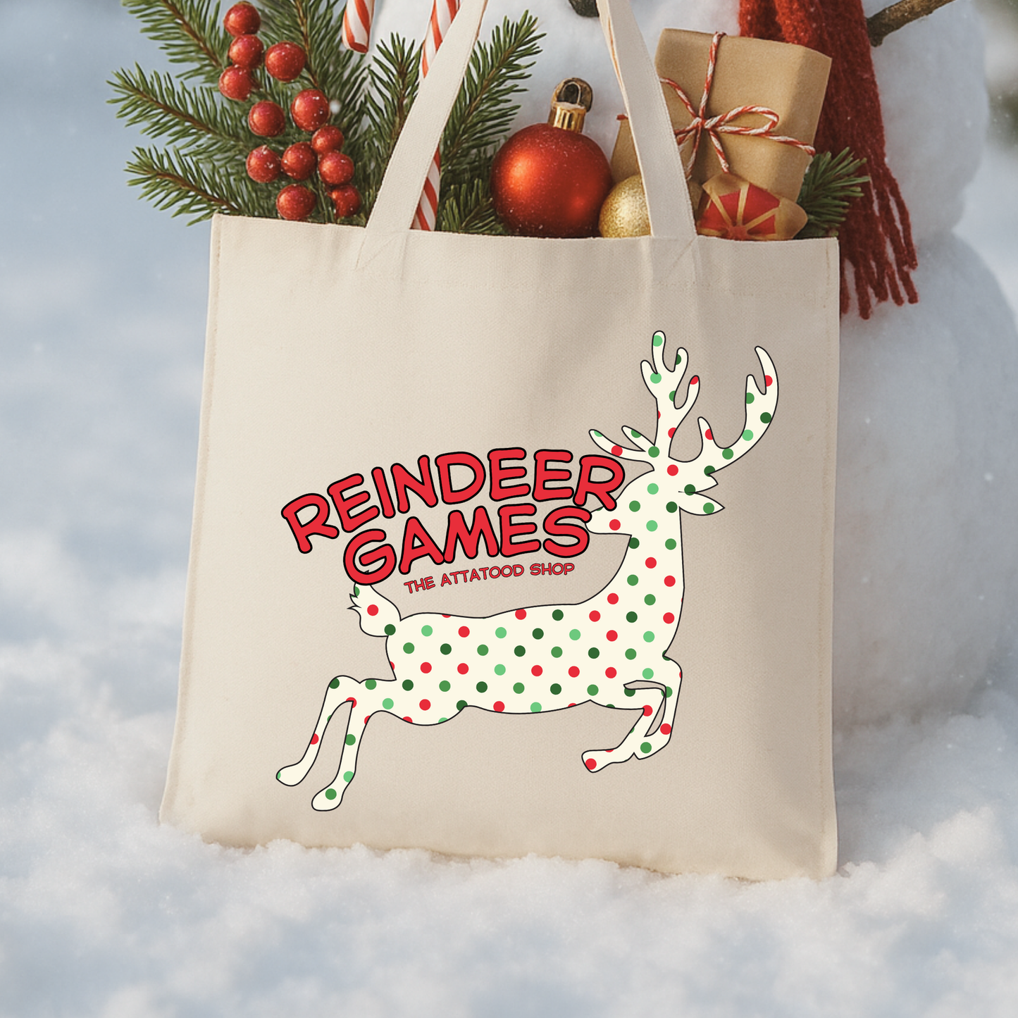 Reindeer polka dot Christmas reindeer canvas tote bag.  Personalize it