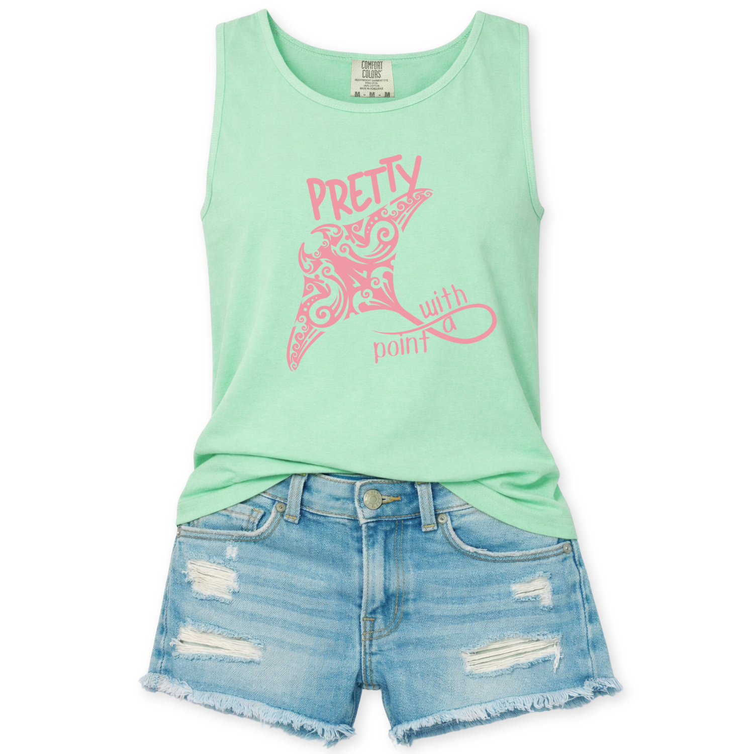 Pretty With A Point with a pink manta ray ocean graphic on a mint green Comfort Colors garment dyed unisex tank top.