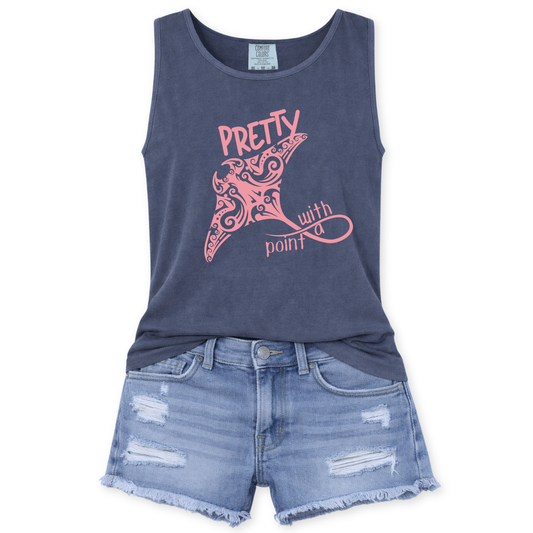 Pretty With A Point with a pink manta ray ocean graphic on a denim Comfort Colors garment dyed unisex tank top.