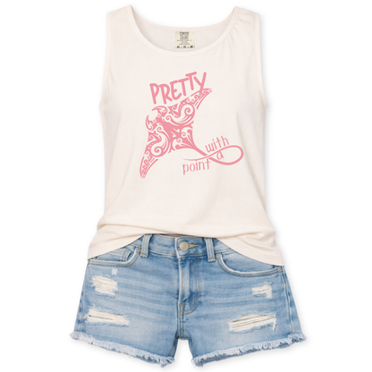 Pretty With A Point with a pink manta ray ocean graphic on a ivory Comfort Colors garment dyed unisex tank top.