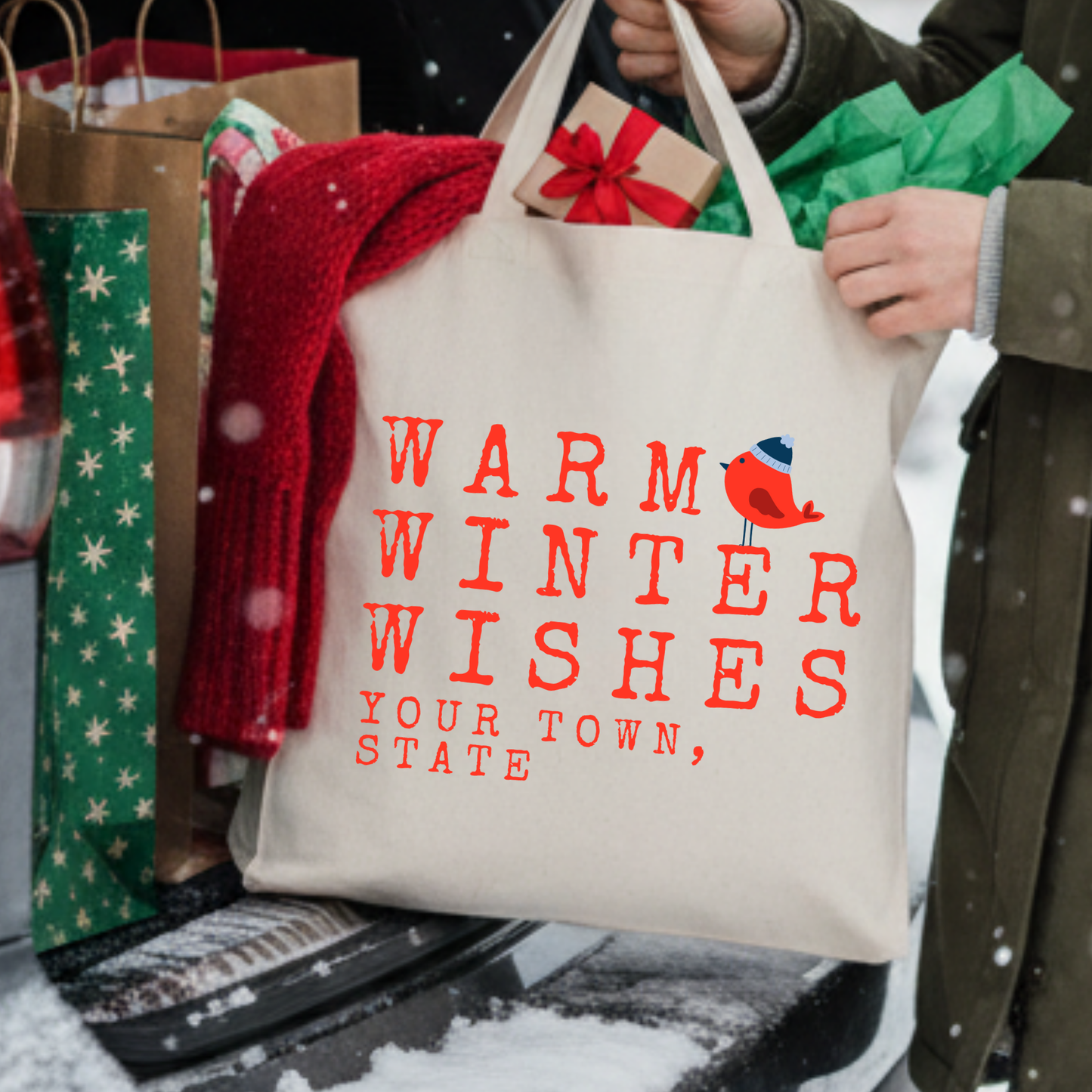 Personalized red bird Christmas tote | Holiday book bag