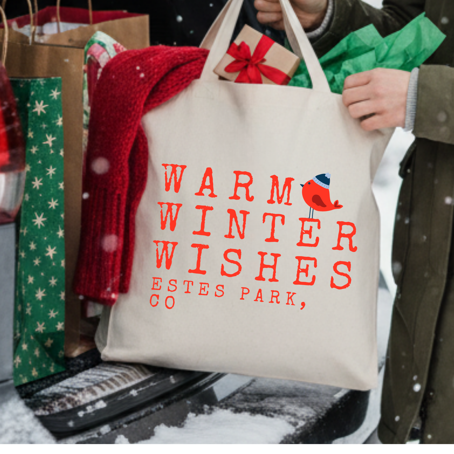 Personalized red bird Christmas tote | Holiday book bag