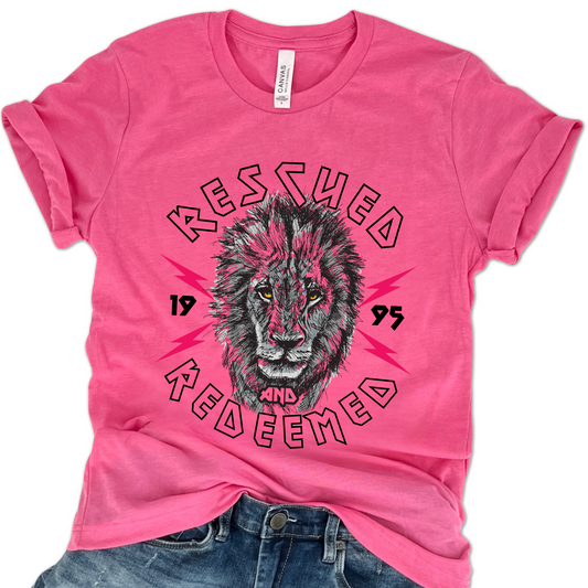 Rescued and Redeemed lion graphic t-shirt