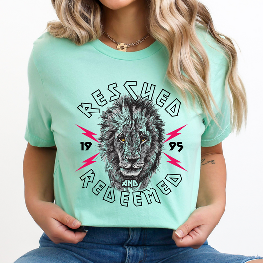 Rescued and Redeemed lion graphic t-shirt