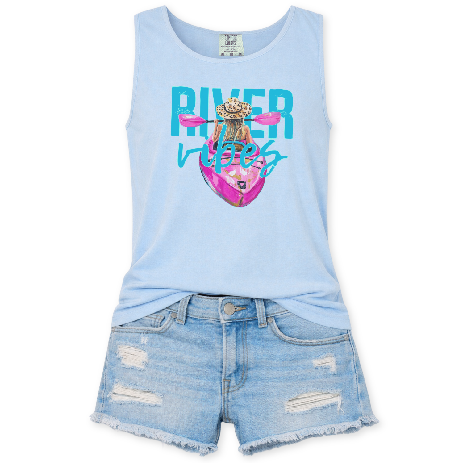 Light blue tank top with 'River Vibes' graphic and denim shorts on a white background