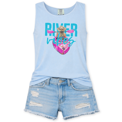 Light blue tank top with 'River Vibes' graphic and denim shorts on a white background