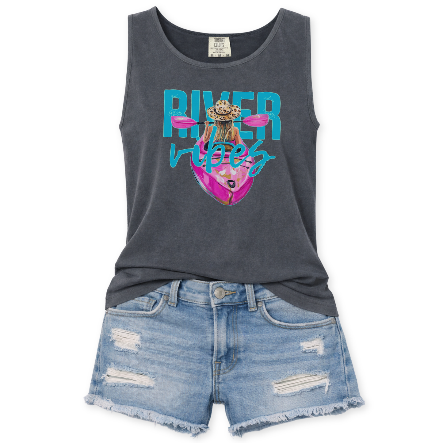 Gray tank top with 'River Vibes' graphic and denim shorts on a white background