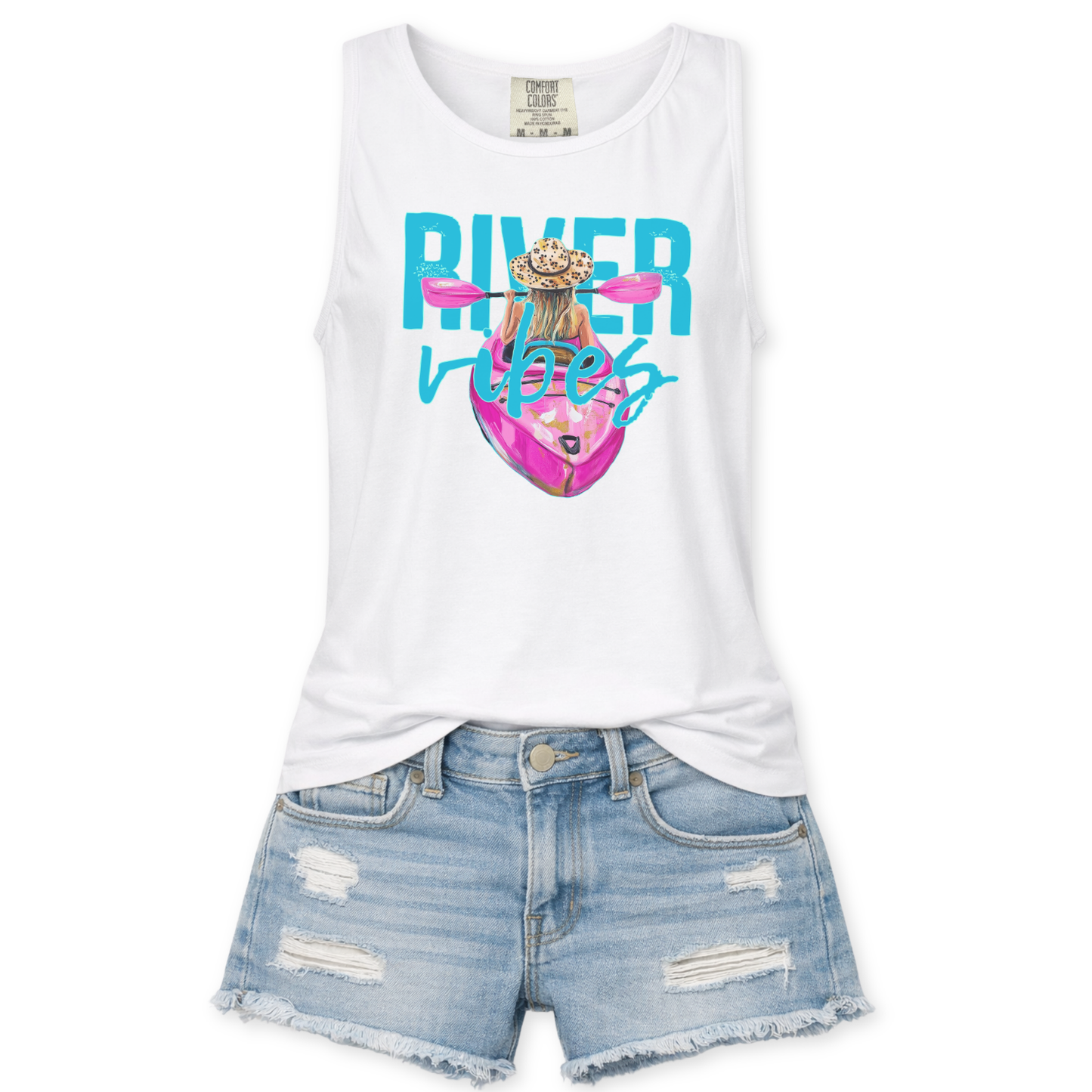 White tank top with 'River Vibes' graphic and denim shorts on a white background