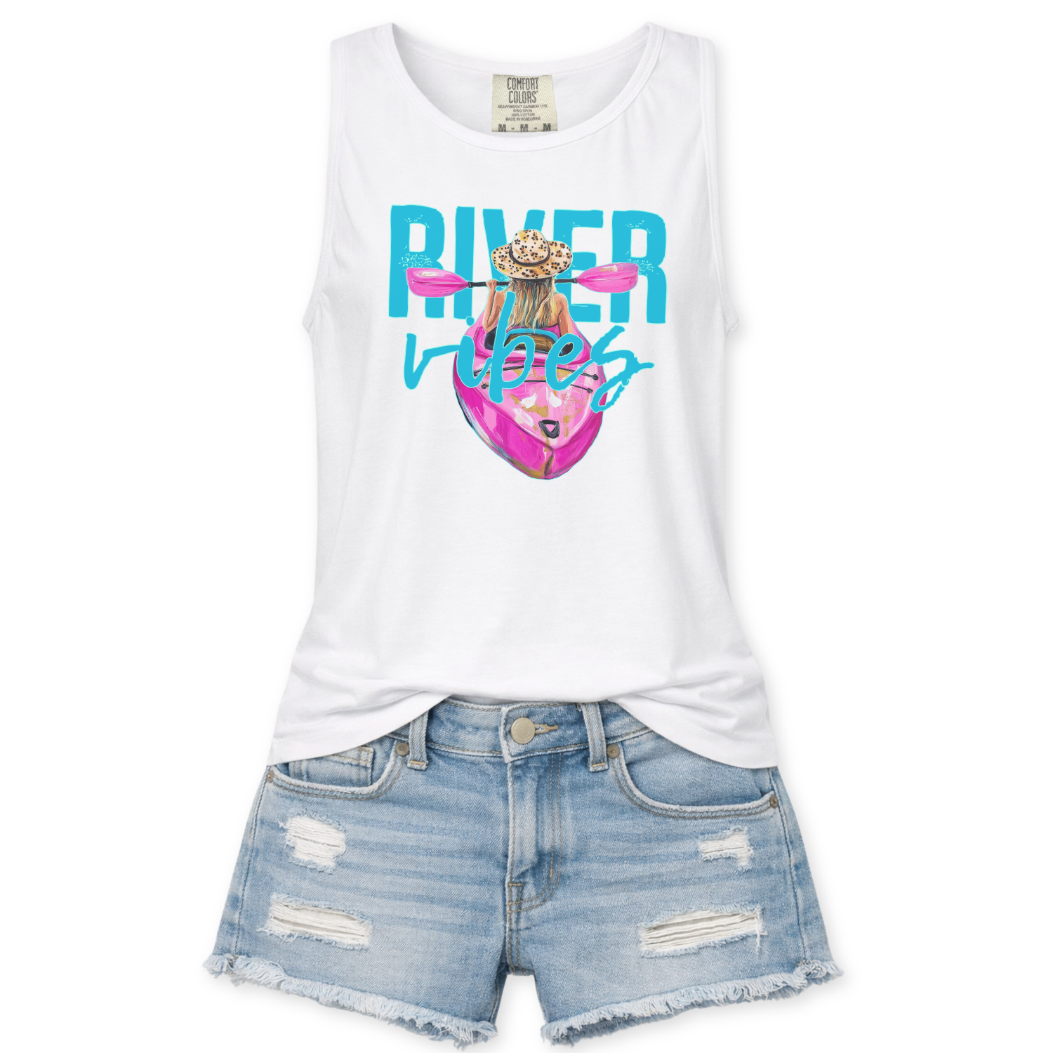 White tank top with 'River Vibes' graphic and denim shorts on a white background
