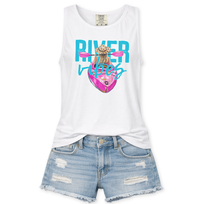 White tank top with 'River Vibes' graphic and denim shorts on a white background