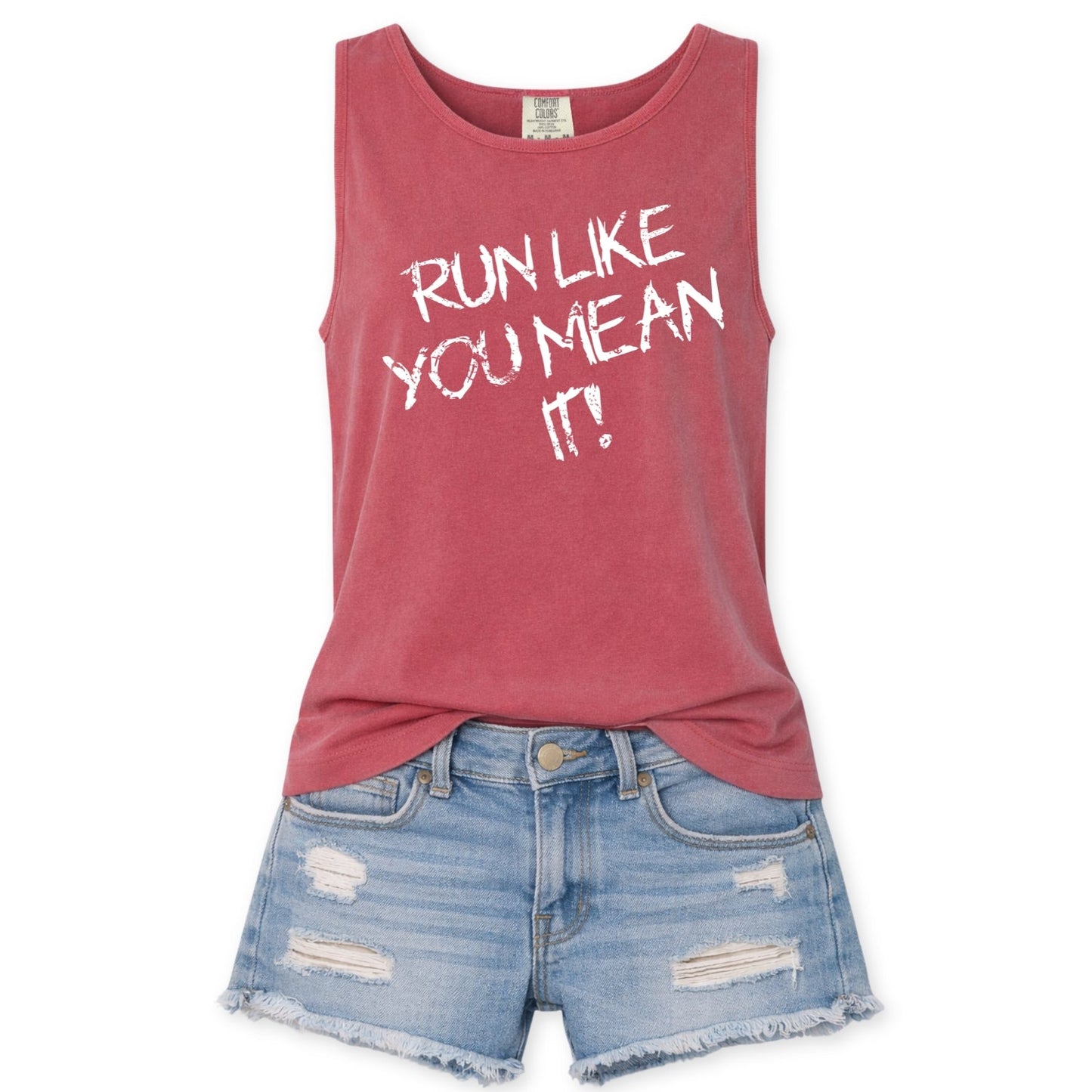 Red tank top with 'RUN LIKE YOU MEAN IT!' text and denim shorts on a white background