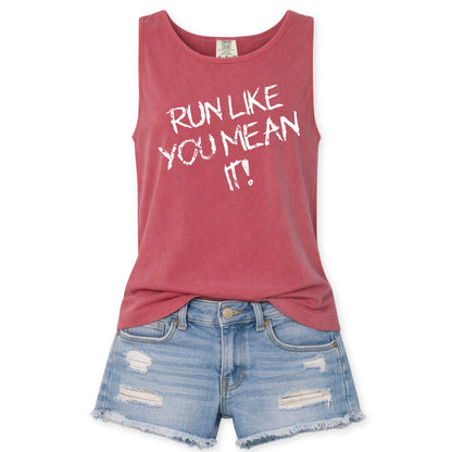 Red tank top with 'RUN LIKE YOU MEAN IT!' text and denim shorts on a white background