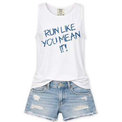 White tank top with 'RUN LIKE YOU MEAN IT!' text and denim shorts on a white background