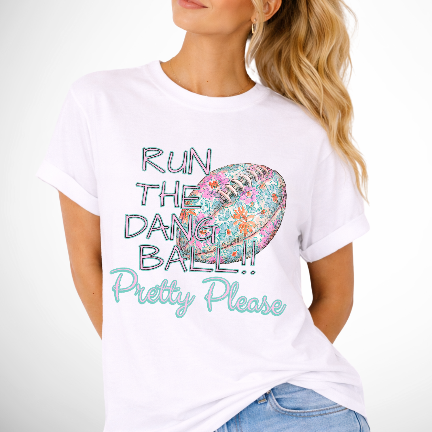 Run the dang ball pretty please floral football white graphic tee
