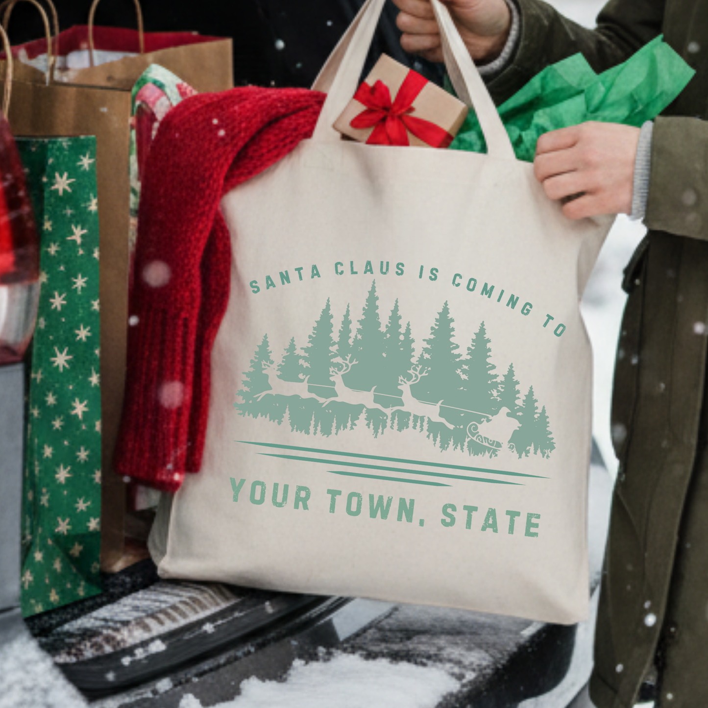 Custom Santa Claus Christmas canvas tote | Holiday book bag