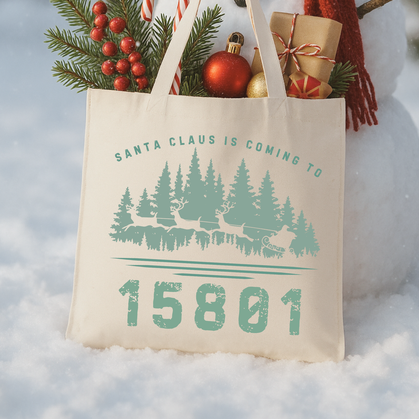 Customize a canvas tote.  Santa Claus is coming to and fill in the blank with zip code, business, city and state or all. design has santa flying over forest trees