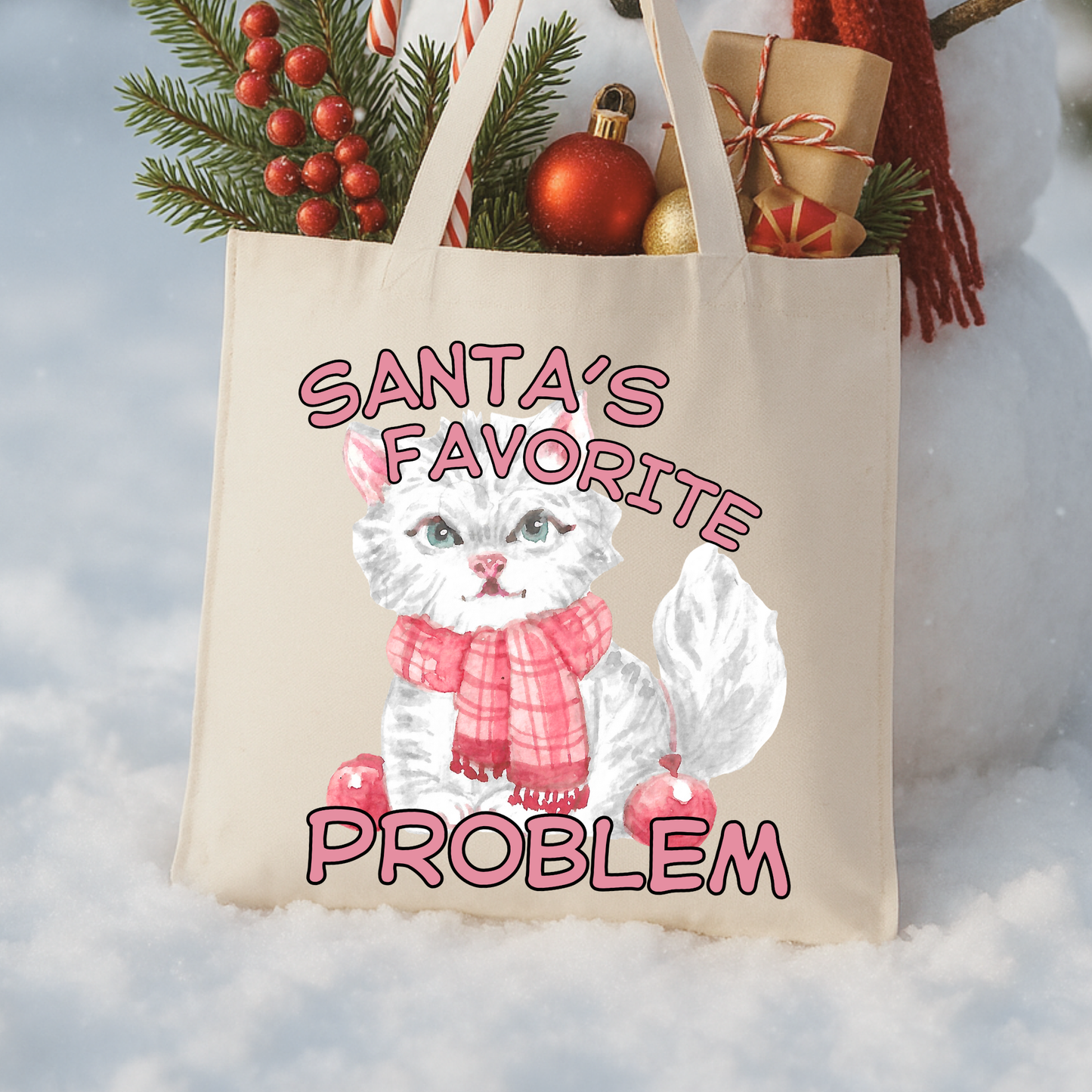 Christmas White Kitten Tote | Funny Holiday Gift Bag | Kids Tote
