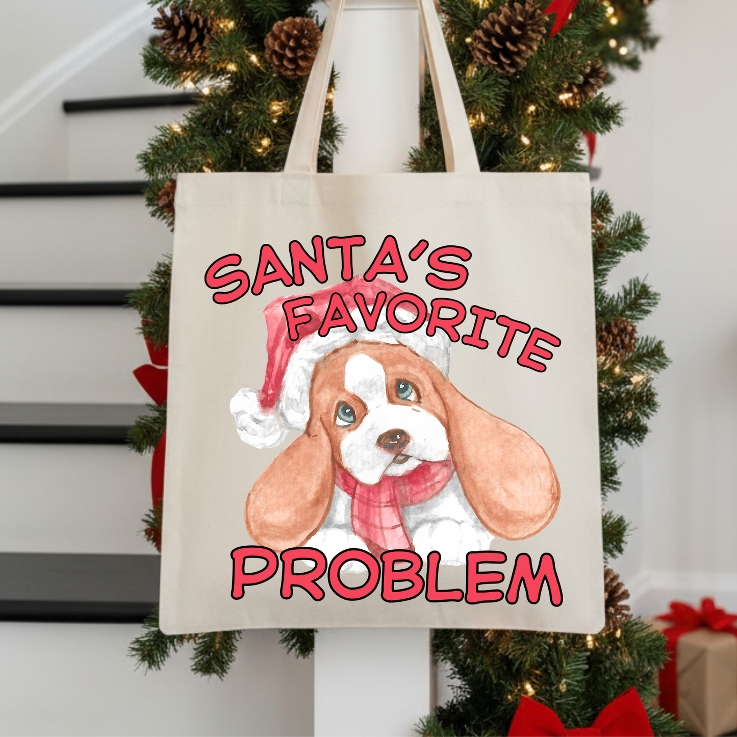 Tote bag with a cute dog illustration and text 'Santa's Favorite Problem' 