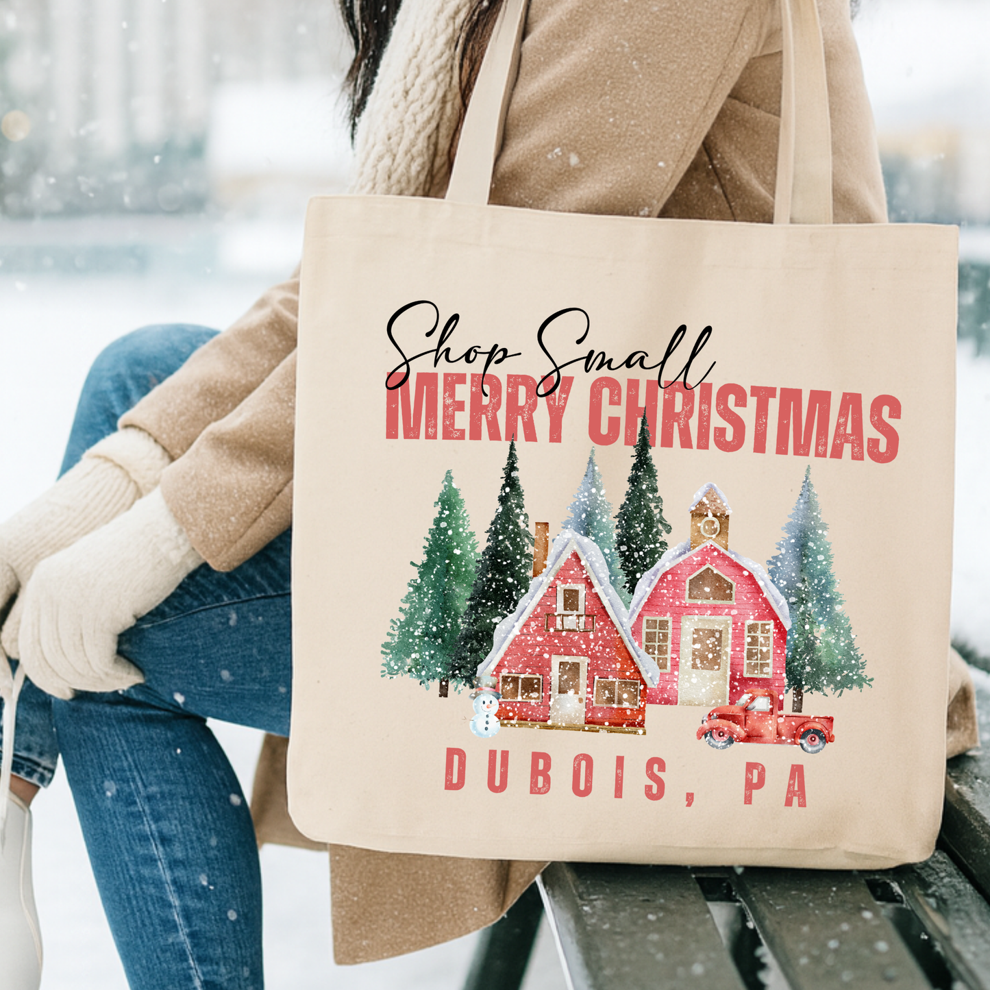 Custom shop small town Christmas tote | Holiday book bag