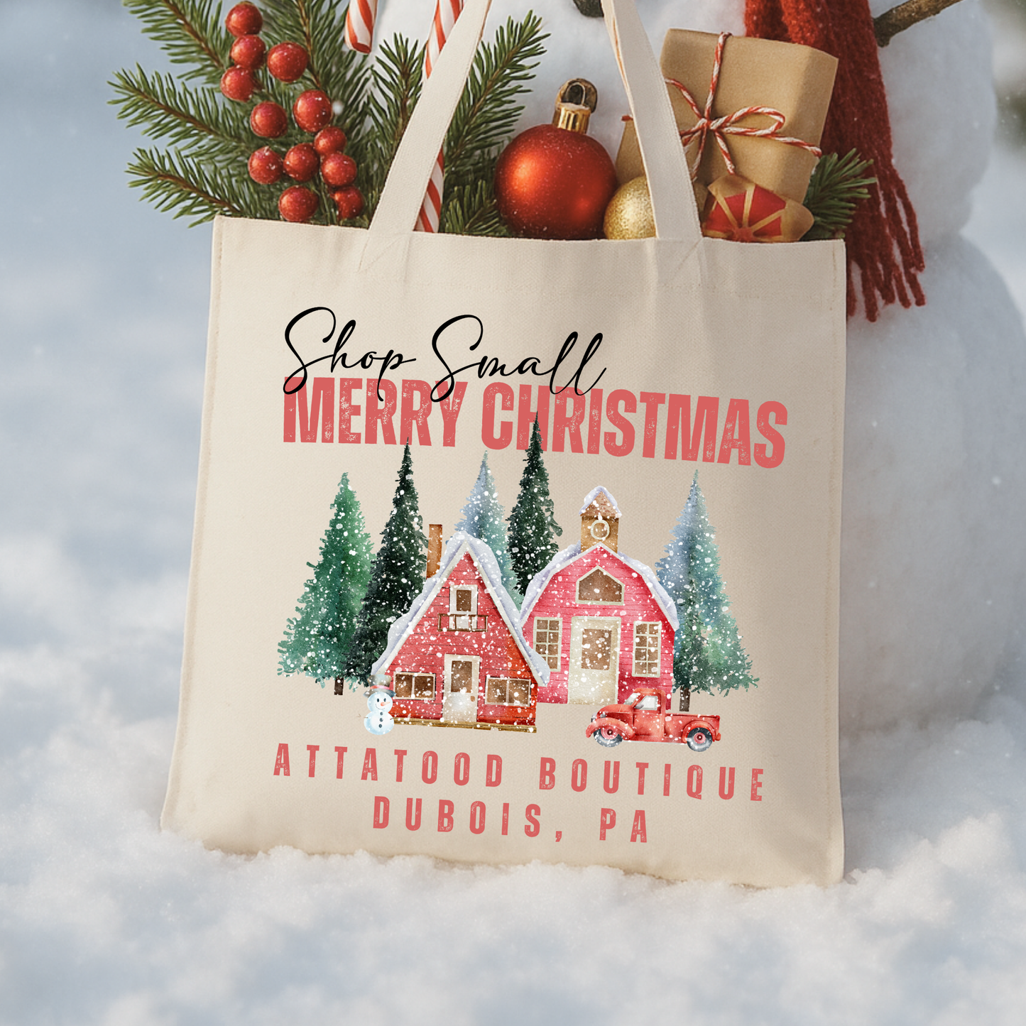 Custom shop small town Christmas tote | Holiday book bag