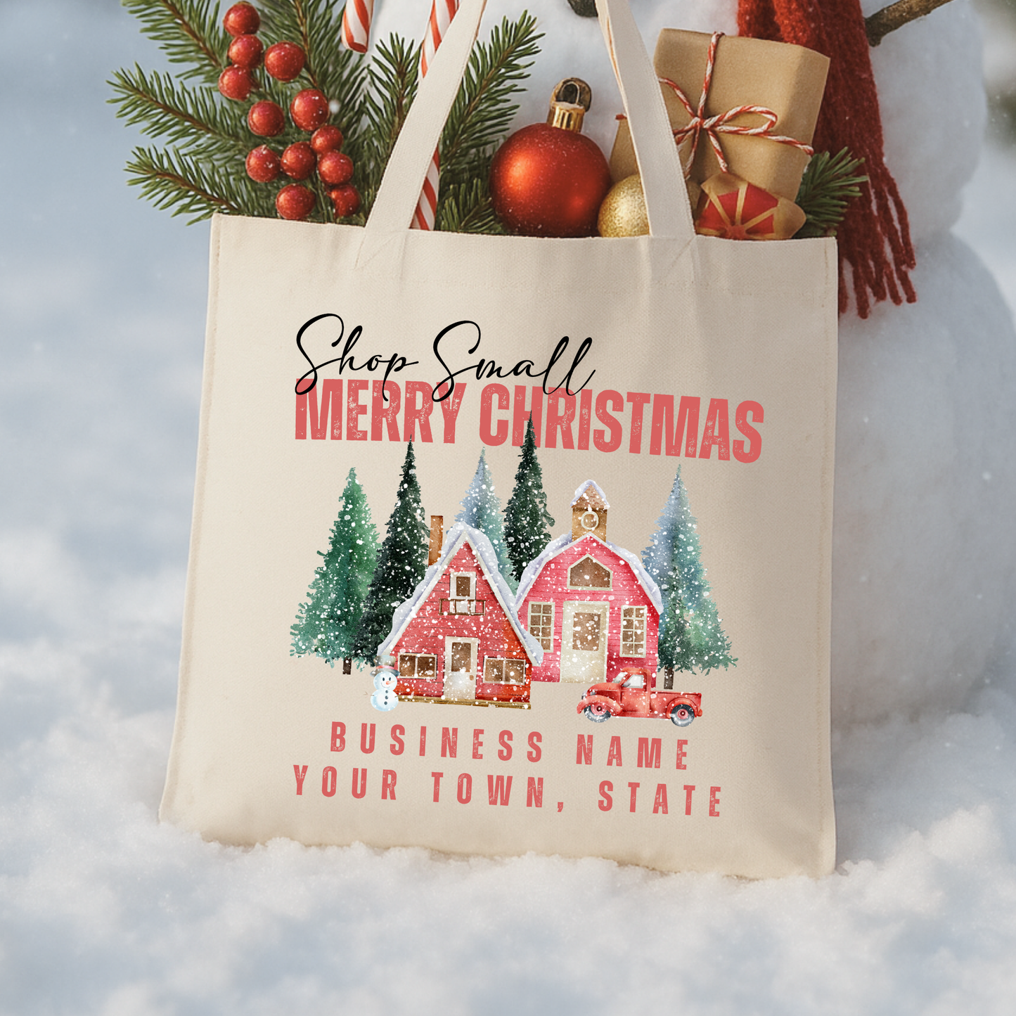 Custom shop small town Christmas tote | Holiday book bag