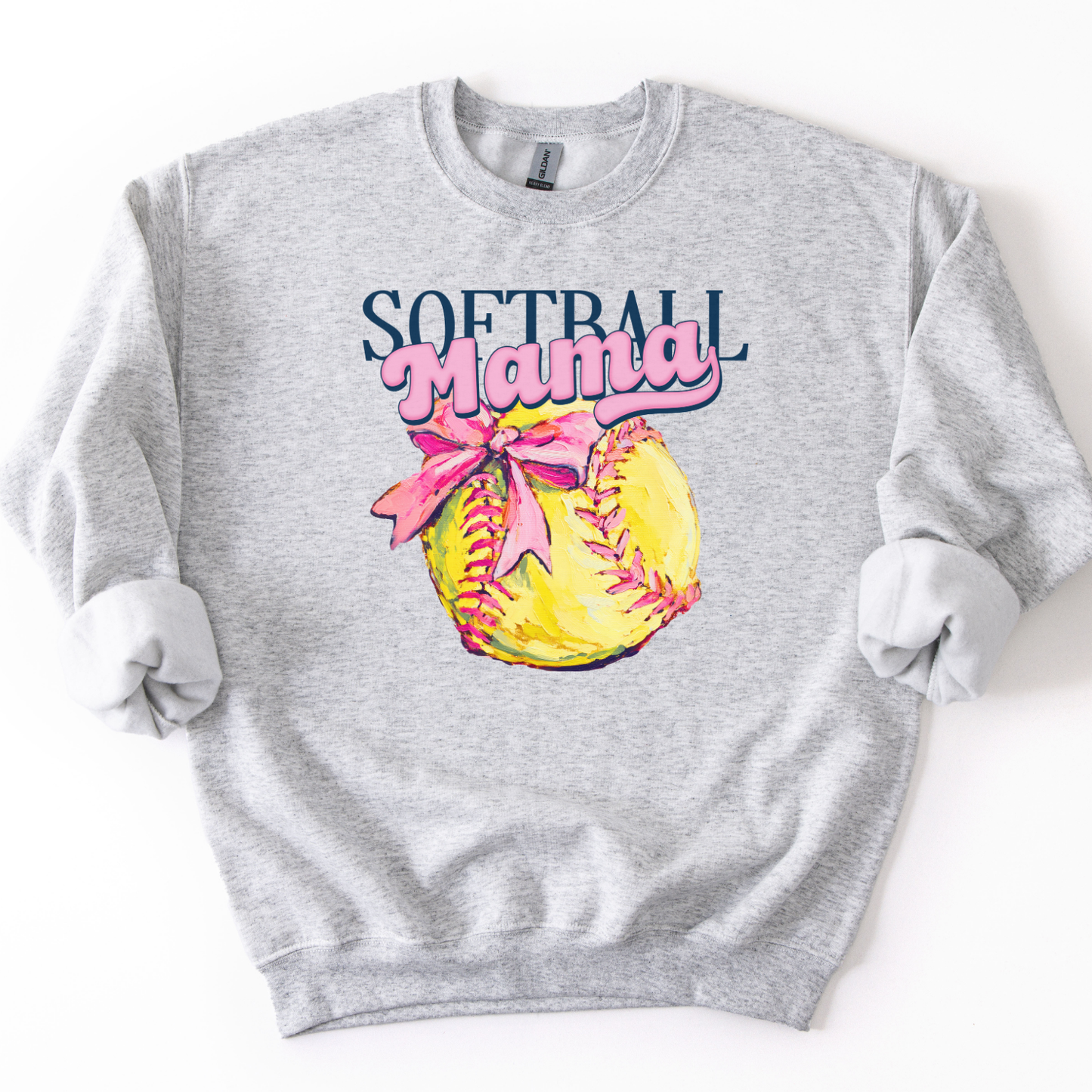 Gray sweatshirt with 'Softball Mama' design featuring a softball and pink bow on a white background