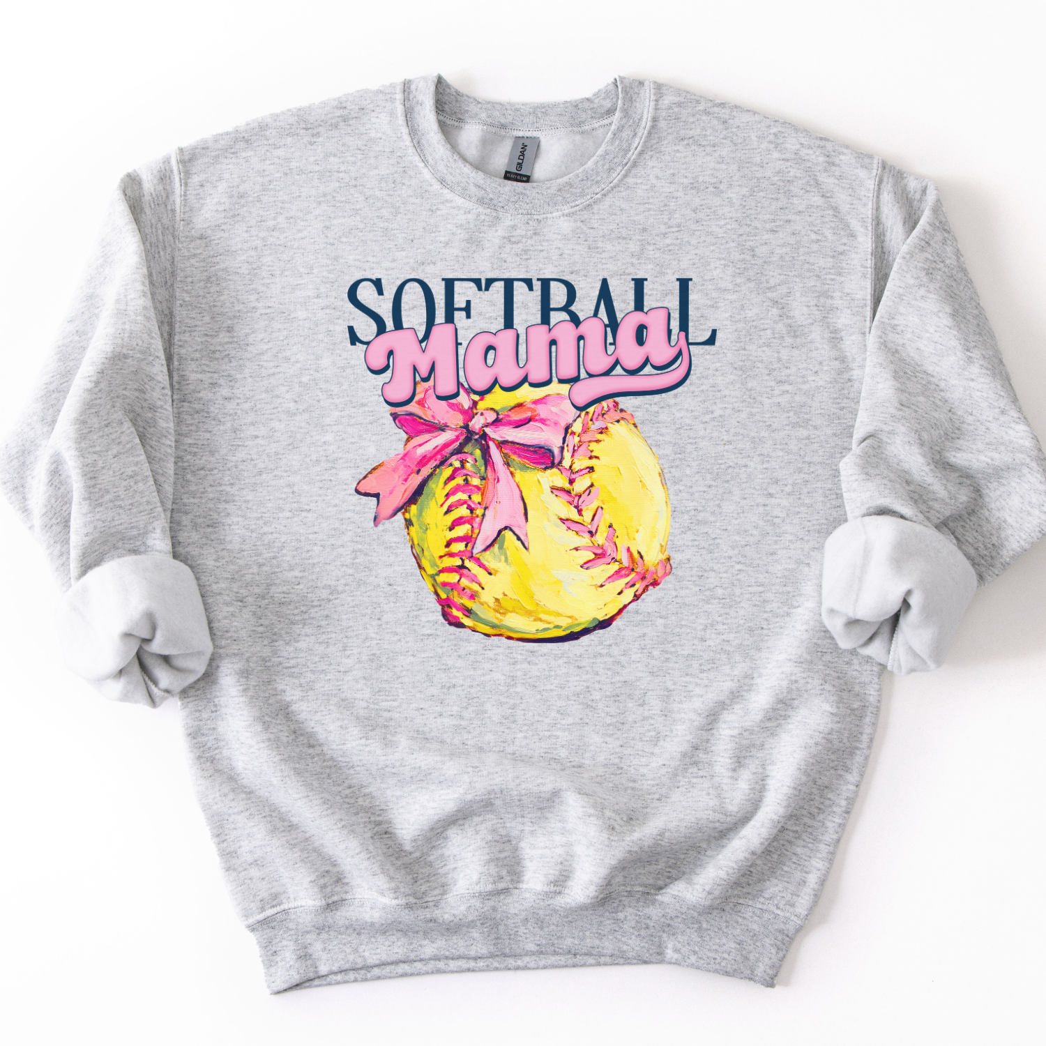 Gray sweatshirt with 'Softball Mama' design featuring a softball and pink bow on a white background