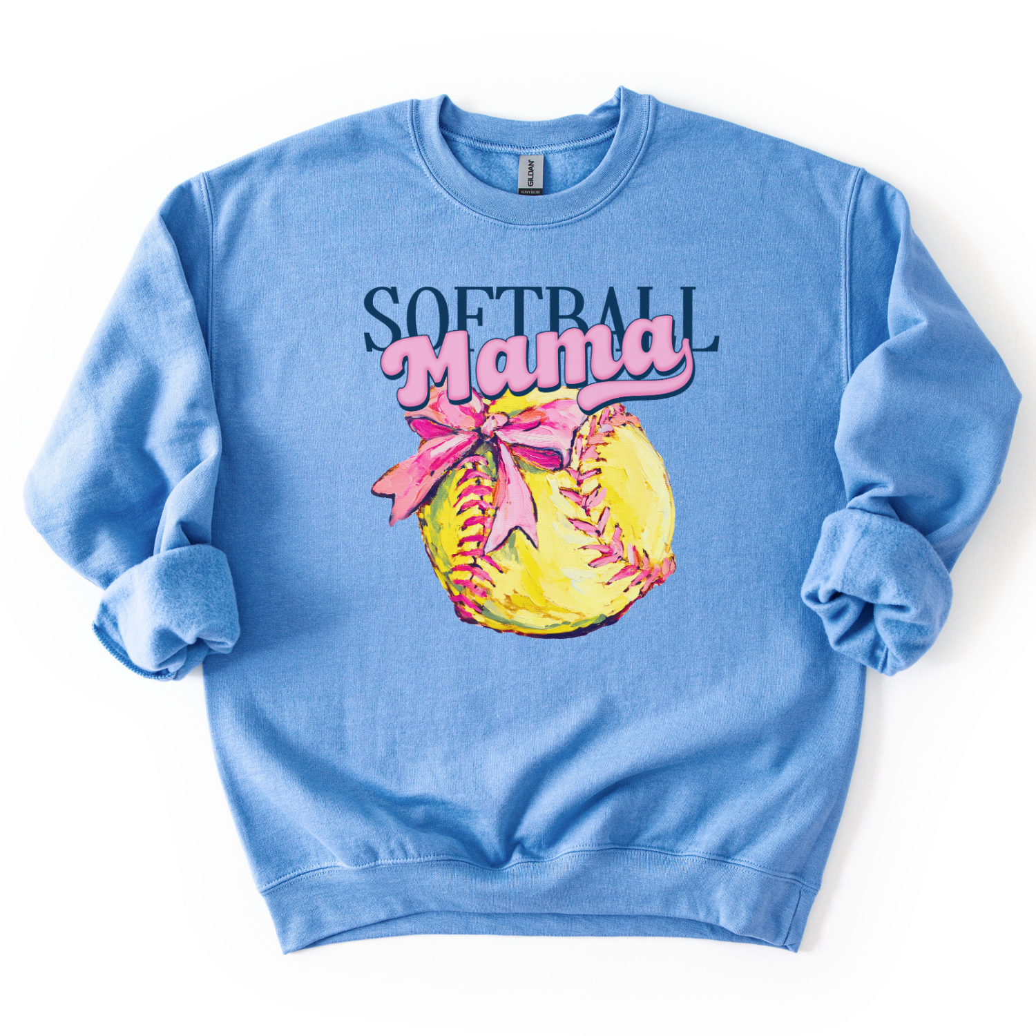 Light blue sweatshirt with 'Softball Mama' design on a white background