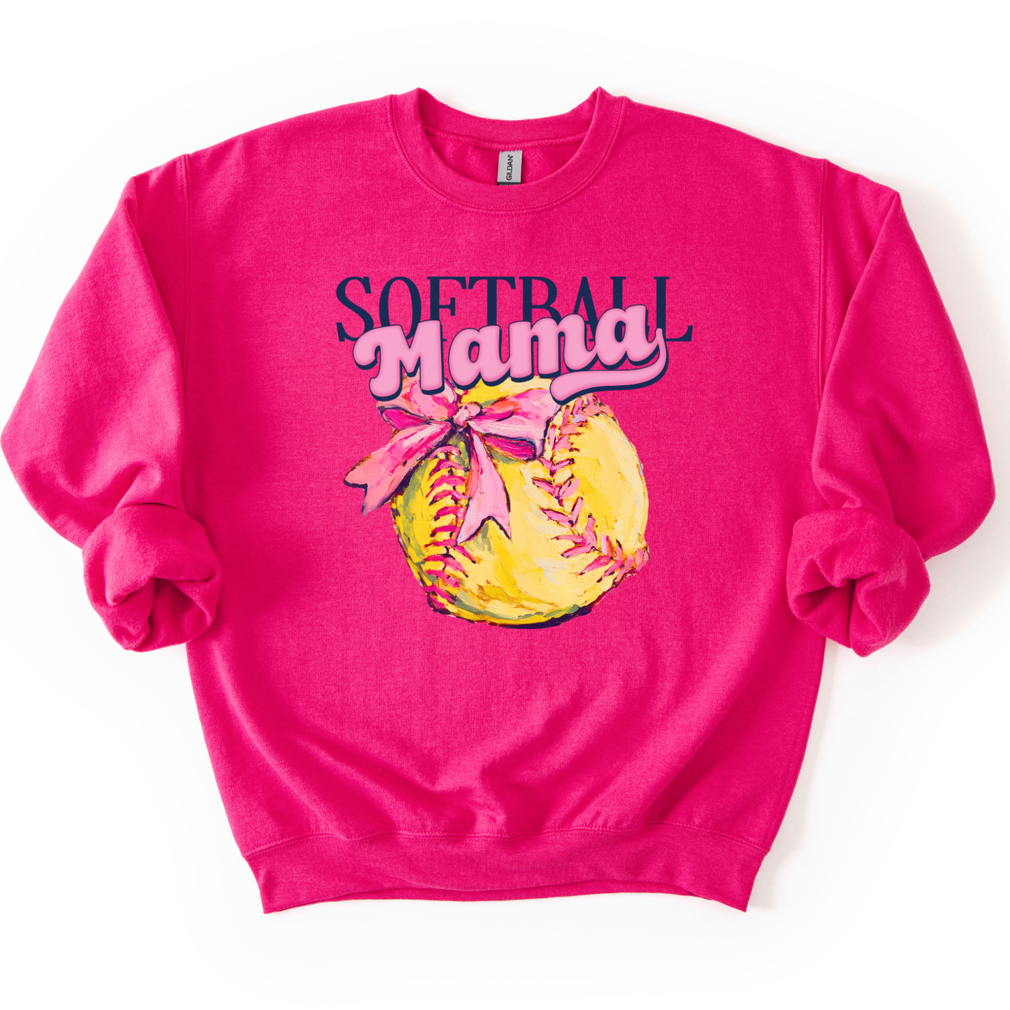 Pink sweatshirt with 'Softball Mama' design on a white background