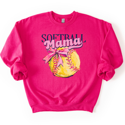 Pink sweatshirt with 'Softball Mama' design on a white background