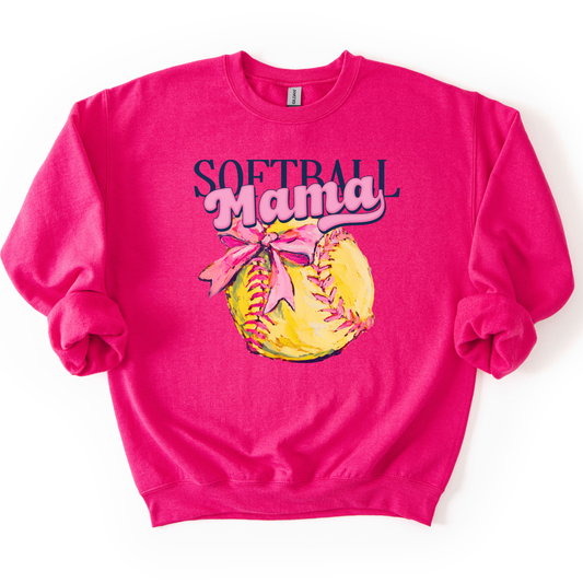 Pink sweatshirt with 'Softball Mama' design on a white background