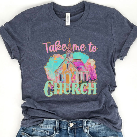 Navy blue t-shirt with a colorful church graphic and 'Take me to Church' text on a white background.