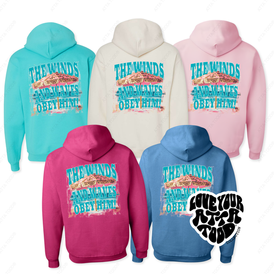 5 hoodies in the color of cyber hot pink, light pink, scuba blue, sweet cream and columbia blue.  graphic features a pink leopard print beach umbrella with the saying the winds and wave obey him