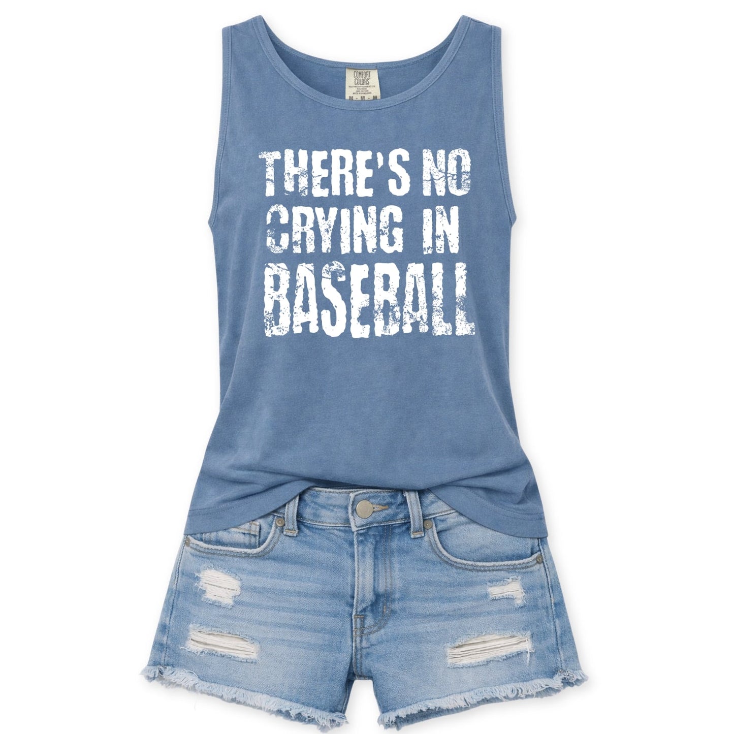 Blue tank top with 'There's No Crying in Baseball' text and denim shorts on a white background