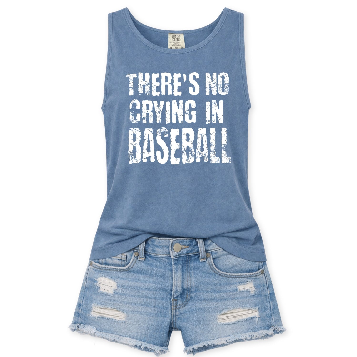 Blue tank top with 'There's No Crying in Baseball' text and denim shorts on a white background