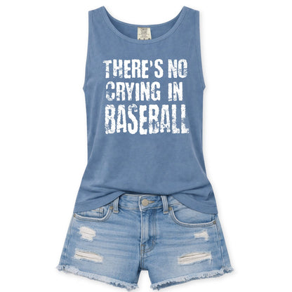 Blue tank top with 'There's No Crying in Baseball' text and denim shorts on a white background