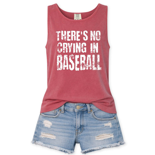Red tank top with 'There's No Crying in Baseball' text and denim shorts on a white background