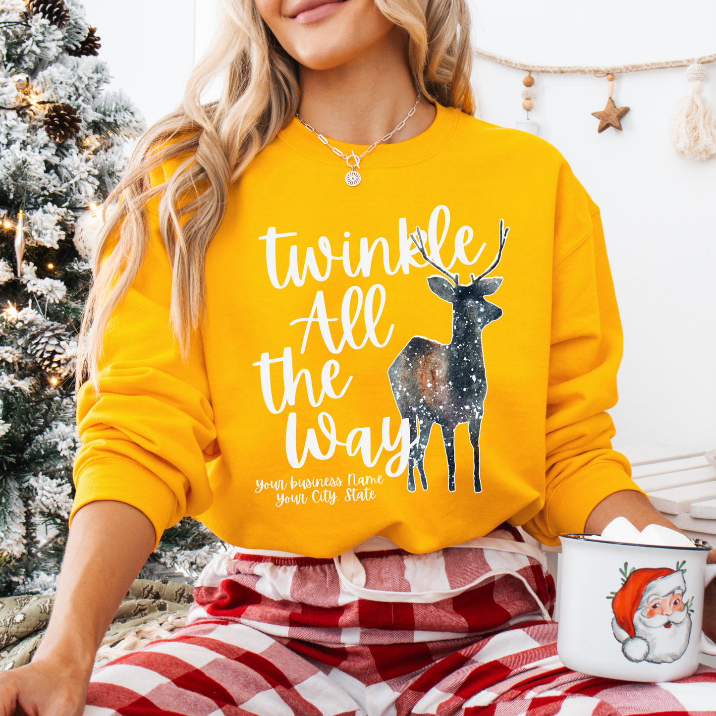 Twinkle all the way custom unisex yellow sweatshirt featuring a deer with a galaxy overlay that look like twinkling stars.  Customize with business name, State, City, zip code or all.